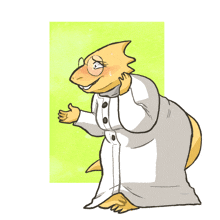 a drawing of a lizard wearing a white coat and glasses