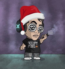 a cartoon drawing of a man wearing a santa hat and headphones