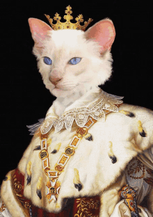 a white cat with blue eyes is dressed as a king and has a crown on its head