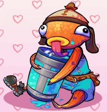 a cartoon drawing of a fish drinking from a can that says ' i love you ' on it