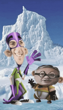 a cartoon character in a green and purple costume stands next to another character