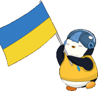 a penguin wearing a helmet holds a yellow and blue flag