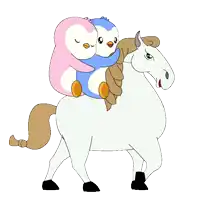 two penguins are riding on the back of a horse