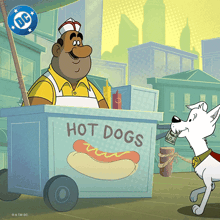 a cartoon of a man selling hot dogs with a dc logo