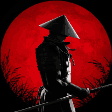 a samurai wearing a conical hat holds a sword in front of a red background