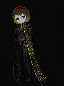 a girl in a black suit is holding a long sword in a dark room .