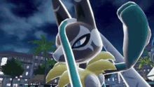 a cartoon rabbit with a yellow tail is holding a blue stick