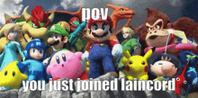 a group of video game characters are standing next to each other with the words " you just joined laincord " on the bottom