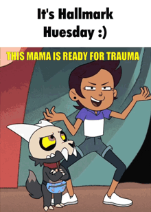 a cartoon of a girl and a dog with the caption " it 's hallmark huesday :) this mama is ready for trauma "