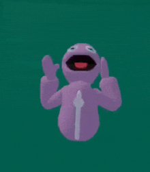 a purple stuffed animal is giving the middle finger on a blue background .