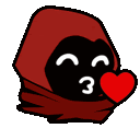 a cartoon character wearing a red hood is holding a red heart in front of its mouth .