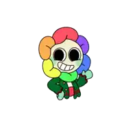 a cartoon drawing of a rainbow flower with a green jacket
