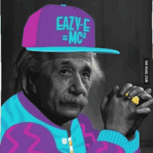 albert einstein is wearing a hat that says eazy-e = mc2