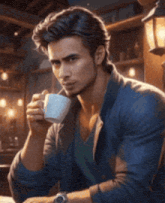 a man in a blue jacket is drinking a cup of coffee .