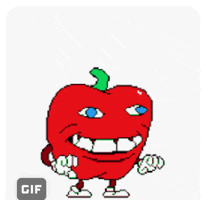 a pixel art drawing of a red apple with blue eyes and arms and legs