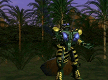 a robot standing in a field with palm trees behind him