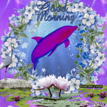 a picture of a purple dolphin with the words good morning