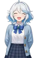 a girl with white hair wearing a blue cardigan and a blue bow tie