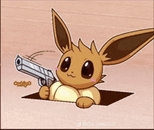 a cartoon eevee is holding a gun and whipping it