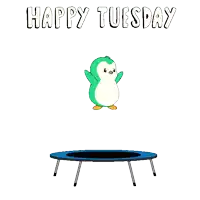 a cartoon frog is jumping on a trampoline with the words `` happy tuesday '' written below it .