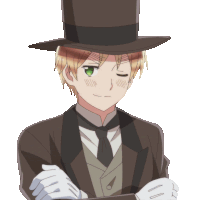 a man wearing a top hat and white gloves is making a face