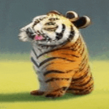 a stuffed tiger with a bow on its head is sitting on the grass .