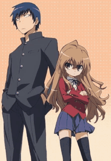 a boy and a girl are standing next to each other in a cartoon .