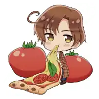 a cartoon character is eating a slice of pizza with tomatoes in the background