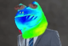 a man in a suit and tie with a colorful frog head