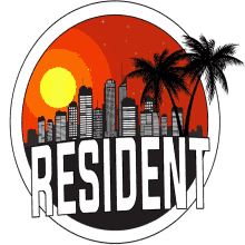 a logo for resident with a city skyline and palm trees in the background