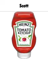 a bottle of heinz tomato ketchup with the name scott on the bottom