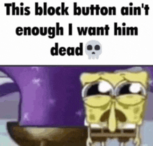 spongebob squarepants is crying and says `` this block button ain 't enough i want him dead ''