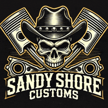 a logo for sandy shore customs with a skull and crossed pistons