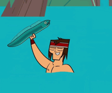 a cartoon of a man holding a fish in the air