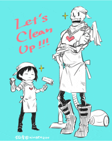 a drawing of a skeleton and a girl says let 's clean up !!!