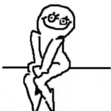 a black and white drawing of a stick figure sitting on a wall with a smile on his face .