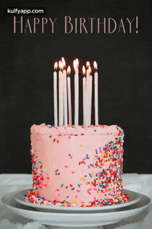 a birthday cake with candles and sprinkles and the words happy birthday on the bottom