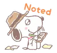 snoopy is wearing a hat and writing on a clipboard