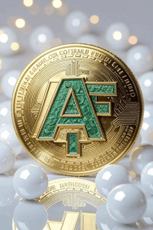 a gold coin with the letter a on it is surrounded by white balls
