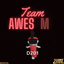 a cartoon character is standing in front of a sign that says team awesome