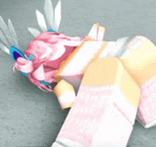 a cartoon character with pink hair is laying on the ground .