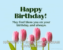 a happy birthday card with pink tulips on a blue background