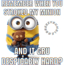 a picture of a minion holding a teddy bear says remember when you stroked my minion