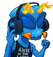 a blue cartoon character wearing headphones and a shirt that says ant2 in the hood