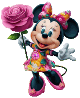 a picture of minnie mouse holding a pink rose with the letters ac on the bottom