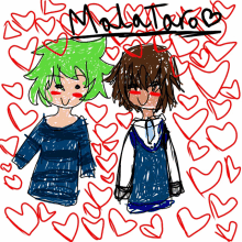 a drawing of a boy and a girl surrounded by red hearts with the word moderato written on the top