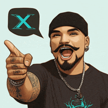 a cartoon drawing of a man with a beard and mustache pointing with a speech bubble with the letter x above him