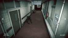 a video game shows a hospital hallway with a wheelchair and a sign that says " report " on the bottom