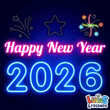 a neon sign that says happy new year 2026 with fireworks in the background