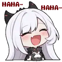 a cartoon girl with white hair and black ears is laughing with the words haha behind her
